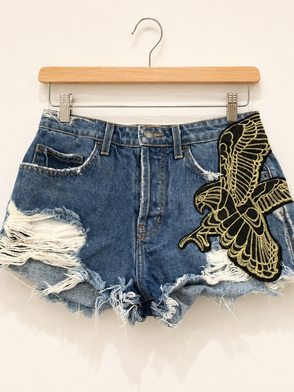 Carmar Denim Distressed High-Rise Cutoff Shorts with Gold Eagle Patch - Size 27